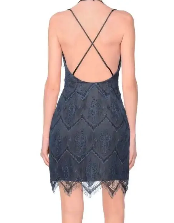 Free People Nothing Like This Lace Lace Mini Dress in Slate Blue Size 8 - Picture 3 of 7